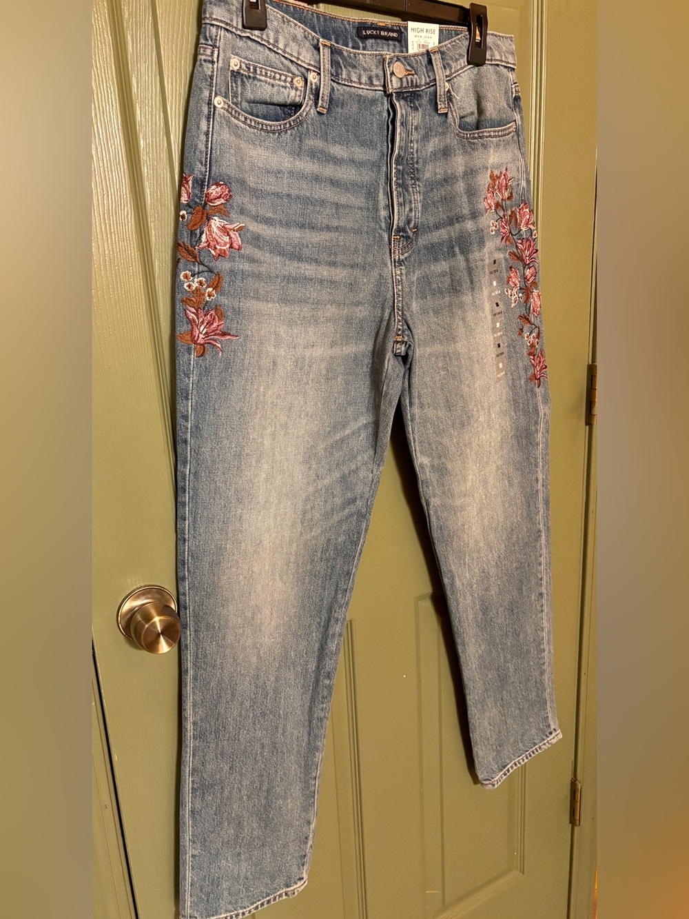 NWT-Lucky Brand Light Blue High-Rise Jeans with Pink & Brown Floral Embroidery